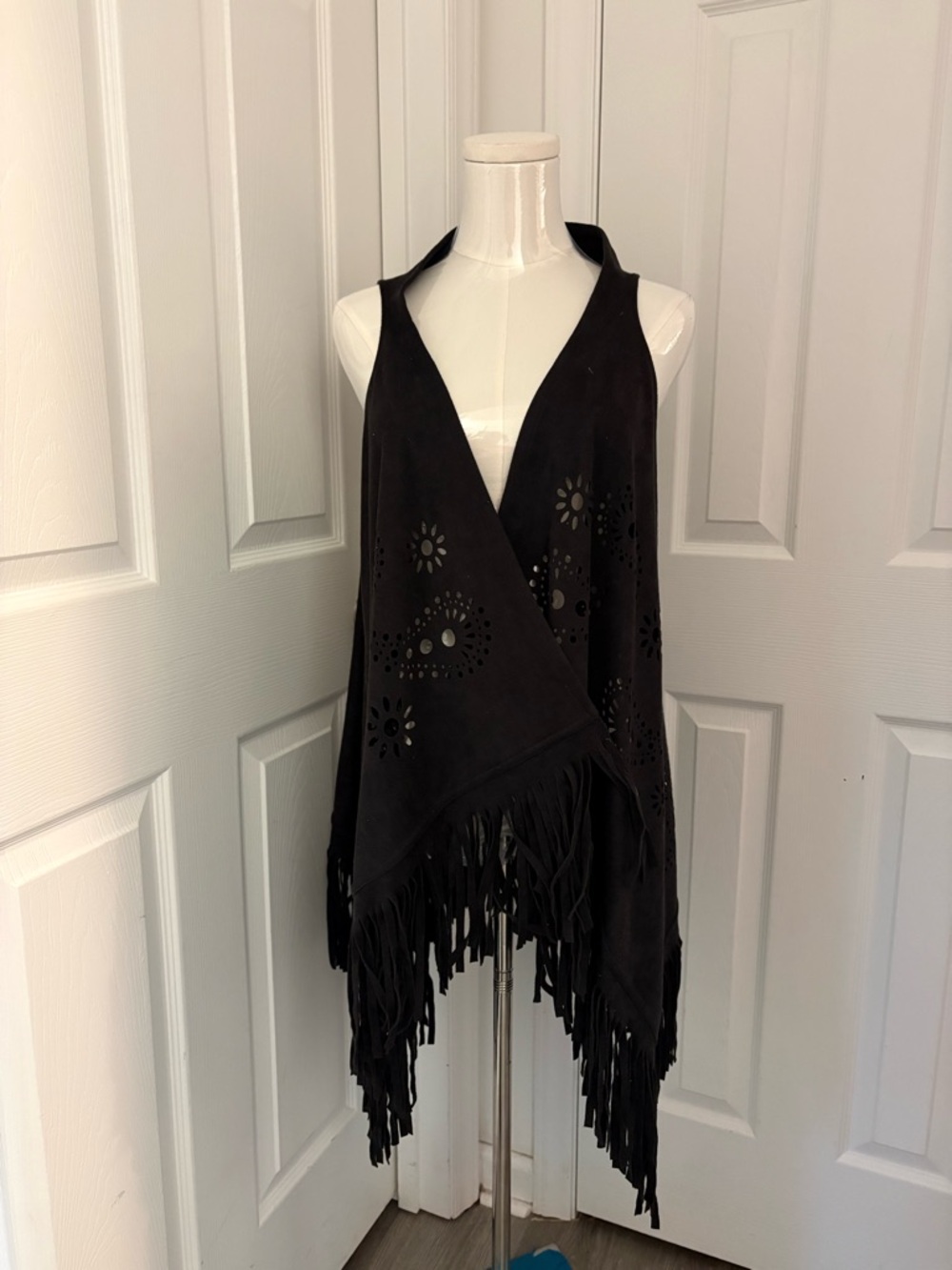 Black Fringe Open-Front Suede-Look Vest, OS
